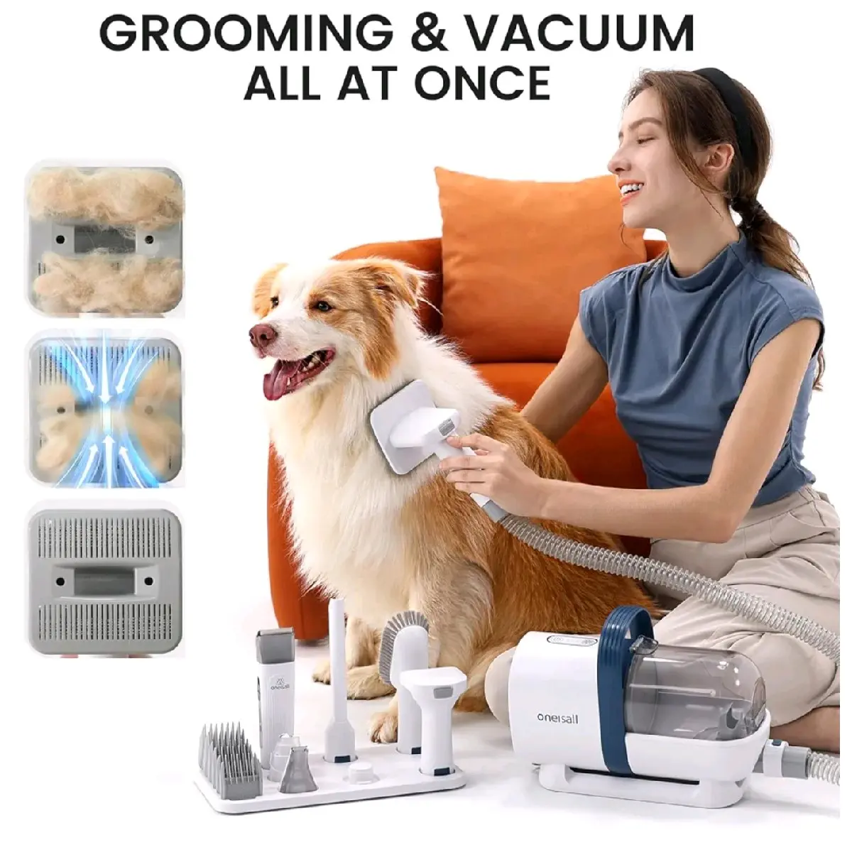 Oneisall Dog Hair Vacuum & Grooming Kit with 7 Tools, 3-In-1 Clipper & Guide Combs, Brush, Crevice Tool, and 5.2Ft Hose