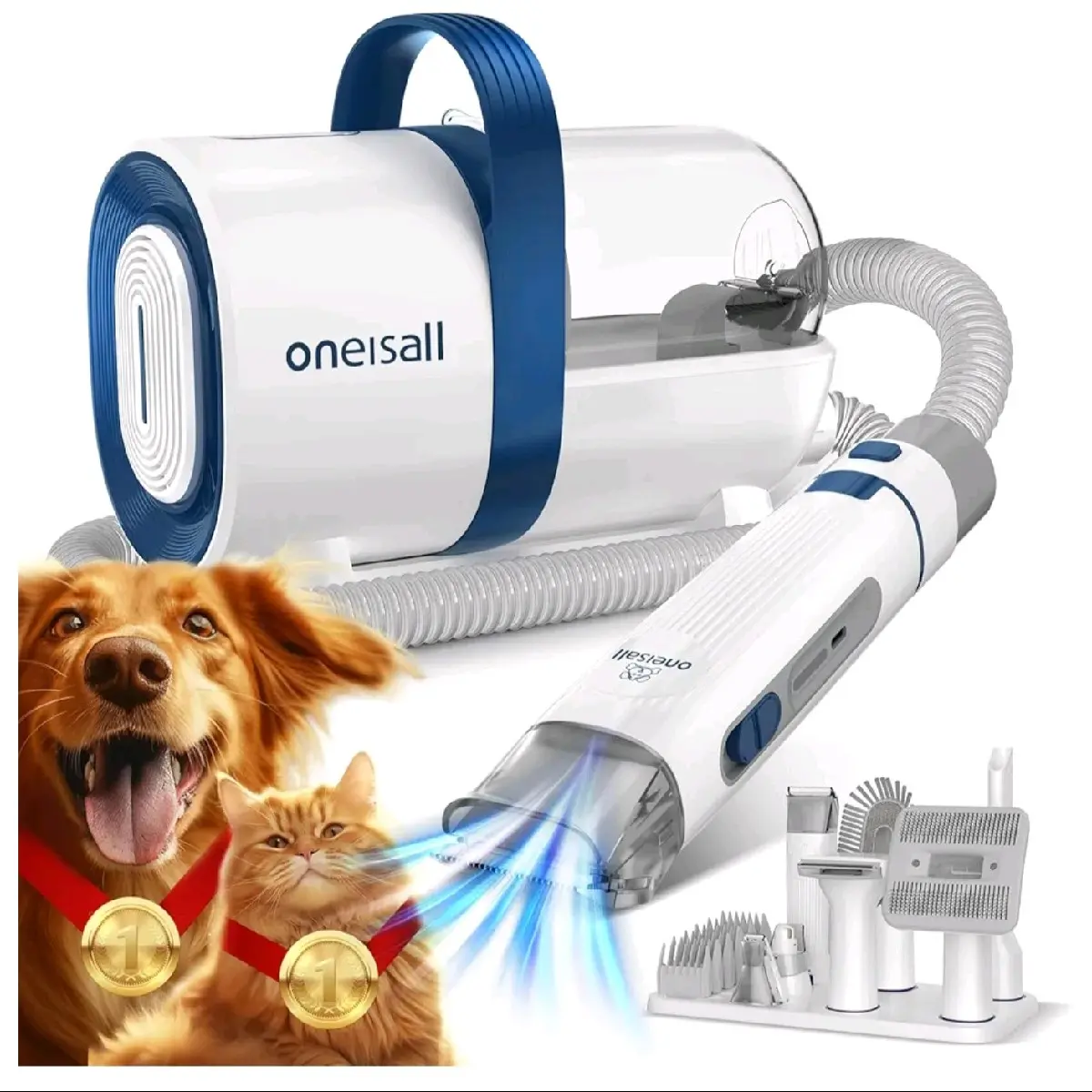 Oneisall Dog Hair Vacuum & Grooming Kit with 7 Tools, 3-In-1 Clipper & Guide Combs, Brush, Crevice Tool, and 5.2Ft Hose