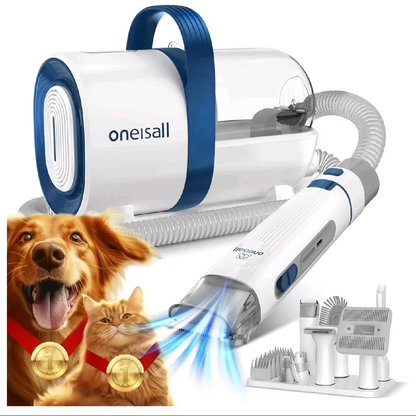 Oneisall Dog Hair Vacuum & Grooming Kit with 7 Tools, 3-In-1 Clipper & Guide Combs, Brush, Crevice Tool, and 5.2Ft Hose