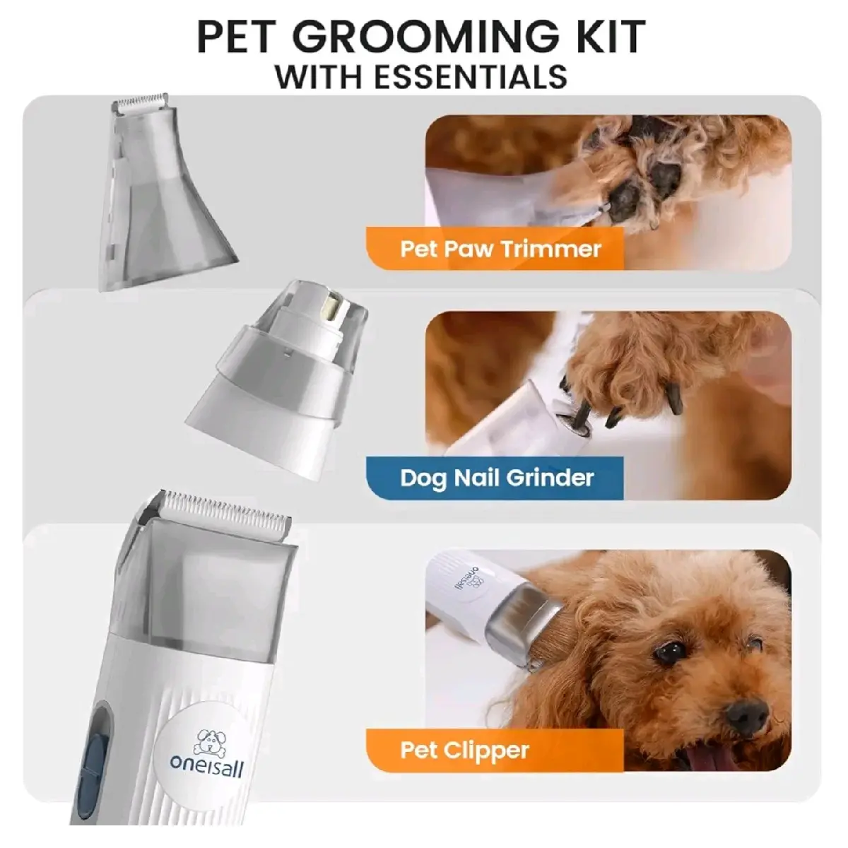 Oneisall Dog Hair Vacuum & Grooming Kit with 7 Tools, 3-In-1 Clipper & Guide Combs, Brush, Crevice Tool, and 5.2Ft Hose
