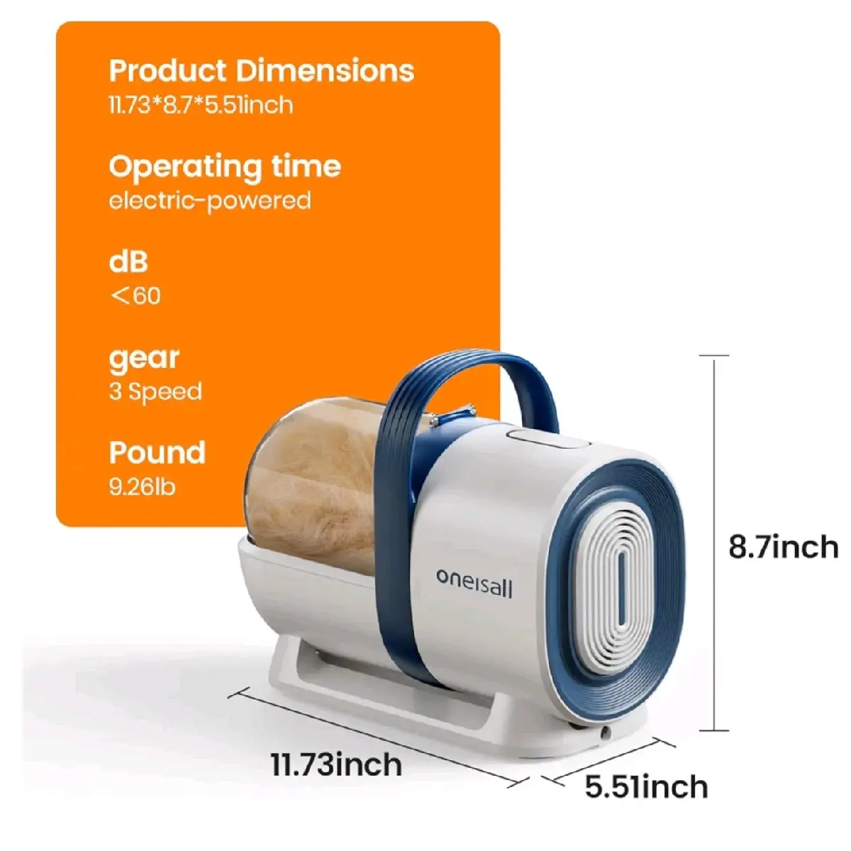Oneisall Dog Hair Vacuum & Grooming Kit with 7 Tools, 3-In-1 Clipper & Guide Combs, Brush, Crevice Tool, and 5.2Ft Hose