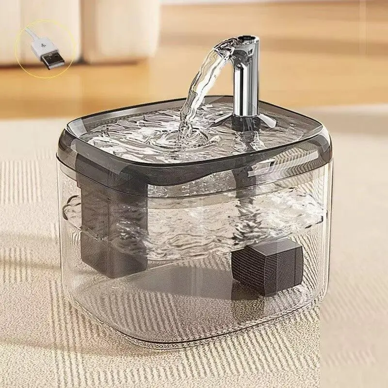 USB-Powered 1.5L Cat Water Fountain - Automatic Filtered Drinking Dispenser for Cats & Small Dogs - Clear Grey Fresh Water Bowl
